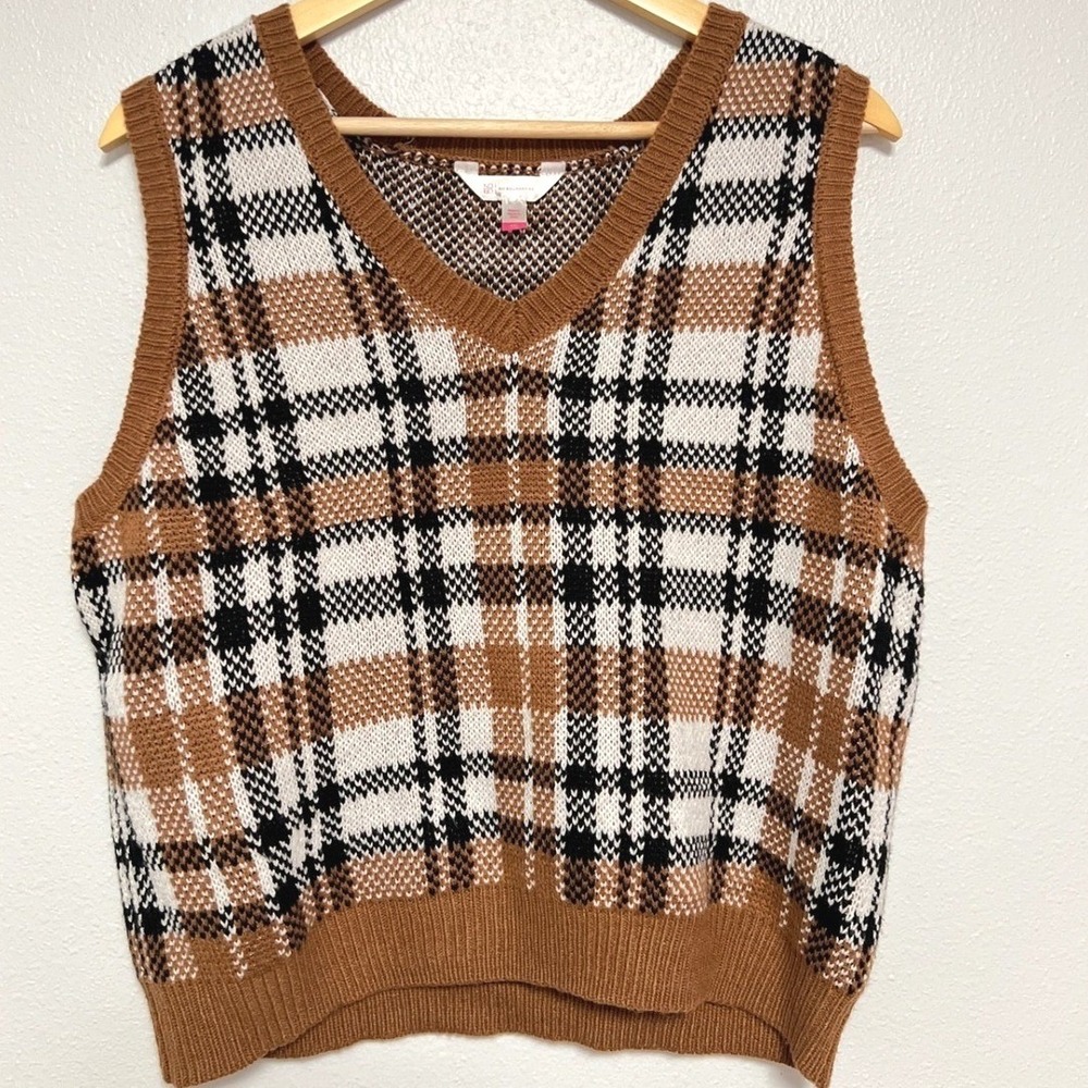No Boundaries Sweater Vest Kids XXL (19) Brown Plaid V-Neck Sleeveless Preppy